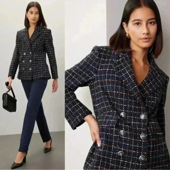 Veronica Beard Rumer Dickey Blazer Jacket 6 Tweed Double Breasted Navy Tweed - Picture 1 of 9